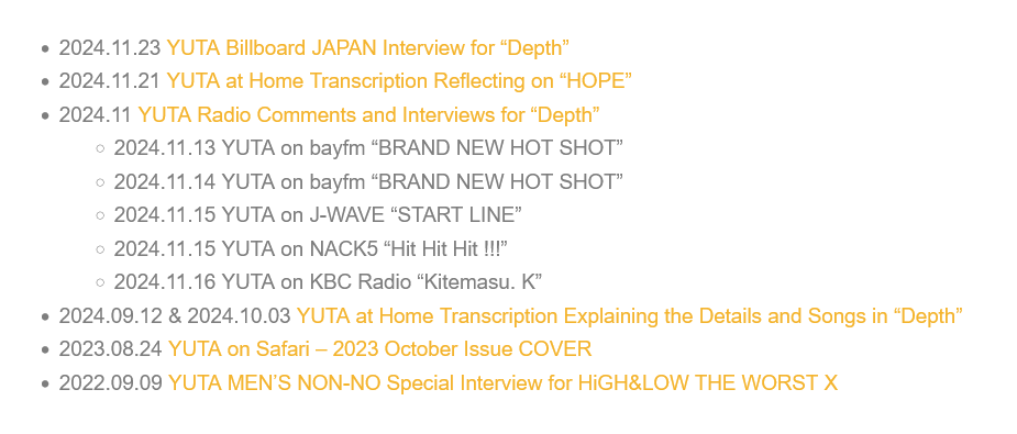 List of new translations on the blog:
YUTA Billboard JP Interview for Depth
YUTA at Home Ep Reflecting on HOPE
YUTA Radio Comments &amp; Interviews for Depth
YUTA at Home Eps Explaining Details and Songs in Depth
YUTA on Safari–2023 October Issue
YUTA MEN’S NON-NO Interview for HLTWX