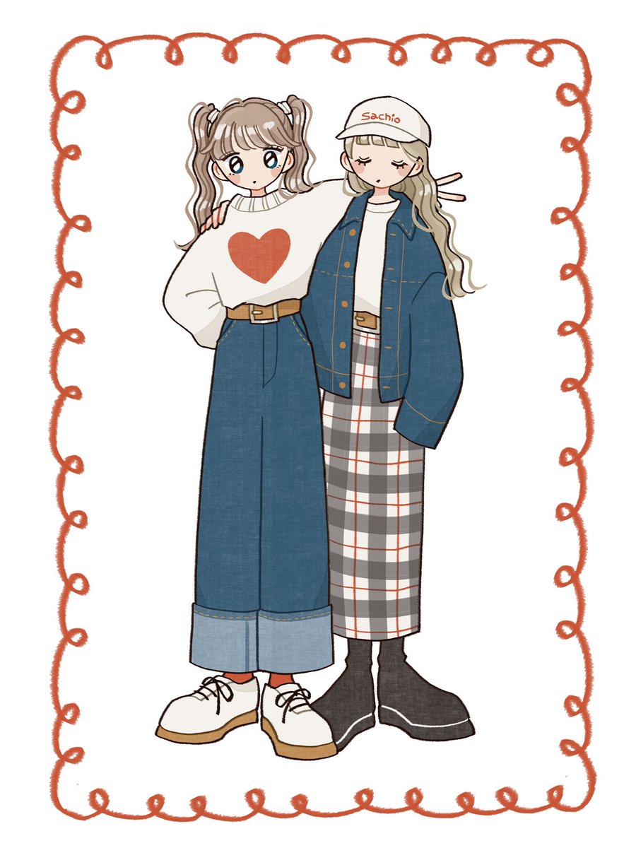 デニム×赤 