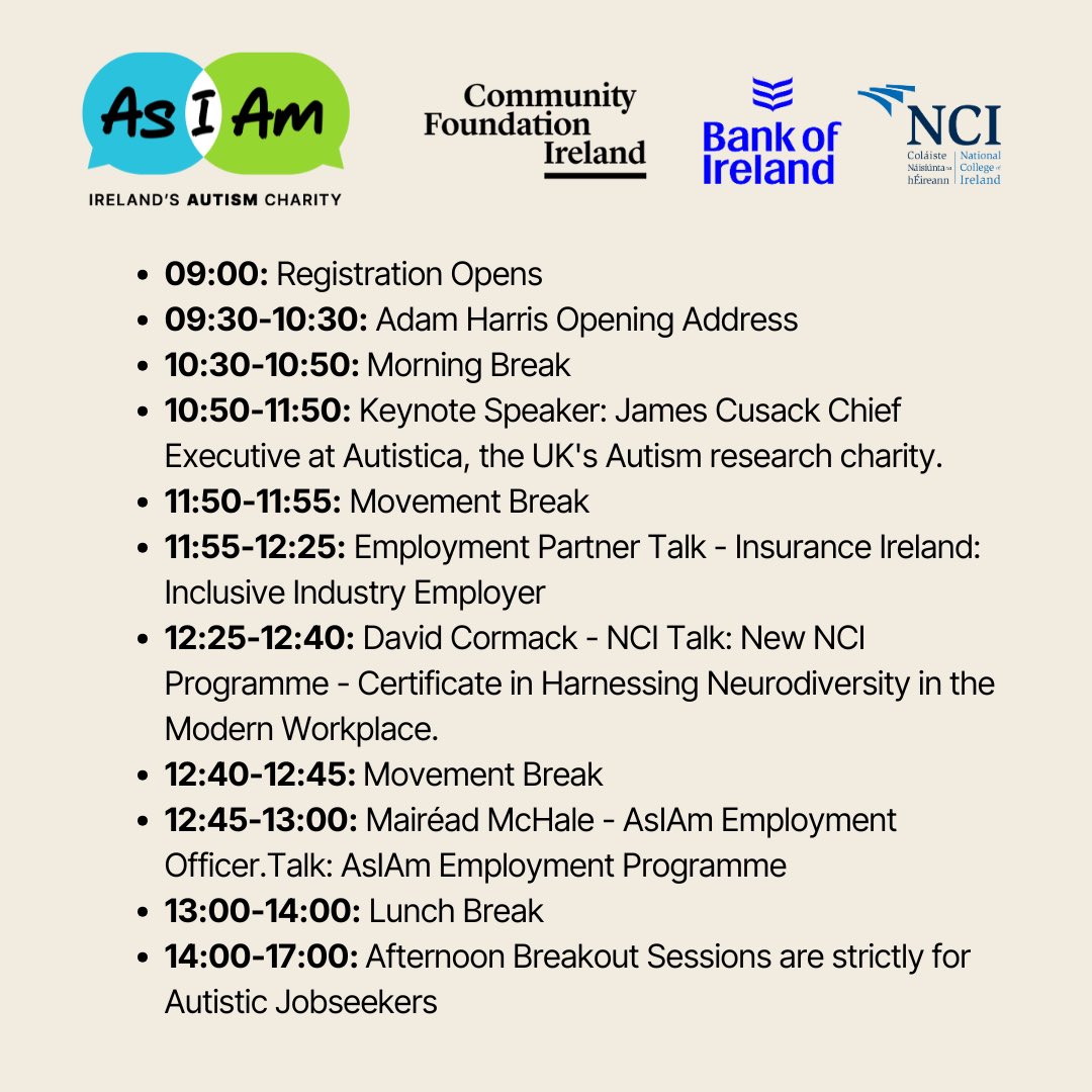AsIAm (@asiamireland) on Twitter photo Join us on Saturday March 29th at our next Employment Seminar!
This is a free event. Register for your tickets here: calendly.com/employmentsupp…
Supported by <a href="/talktoBOI/">Bank of Ireland</a> <a href="/CommunityFound/">Community Foundation Ireland</a> and hosted by <a href="/NCIRL/">National College of Ireland</a> Join us on Saturday March 29th at our next Employment Seminar!
This is a free event. Register for your tickets here: calendly.com/employmentsupp…
Supported by <a href="/talktoBOI/">Bank of Ireland</a> <a href="/CommunityFound/">Community Foundation Ireland</a> and hosted by <a href="/NCIRL/">National College of Ireland</a>