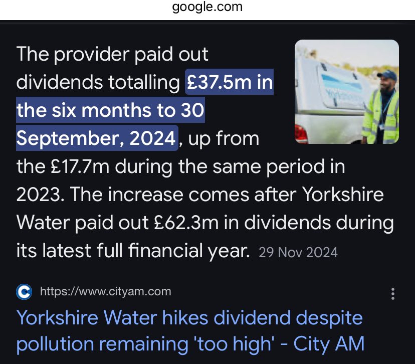 Is it okay that the monopoly that is <a href="/YorkshireWater/">Yorkshire Water 💧</a> are using the public to fund their bonuses/dividends/debts whilst polluting. Why should your captive audience fund the rich as you pollute? A 160 quid price rise for us. Theft innit, really.