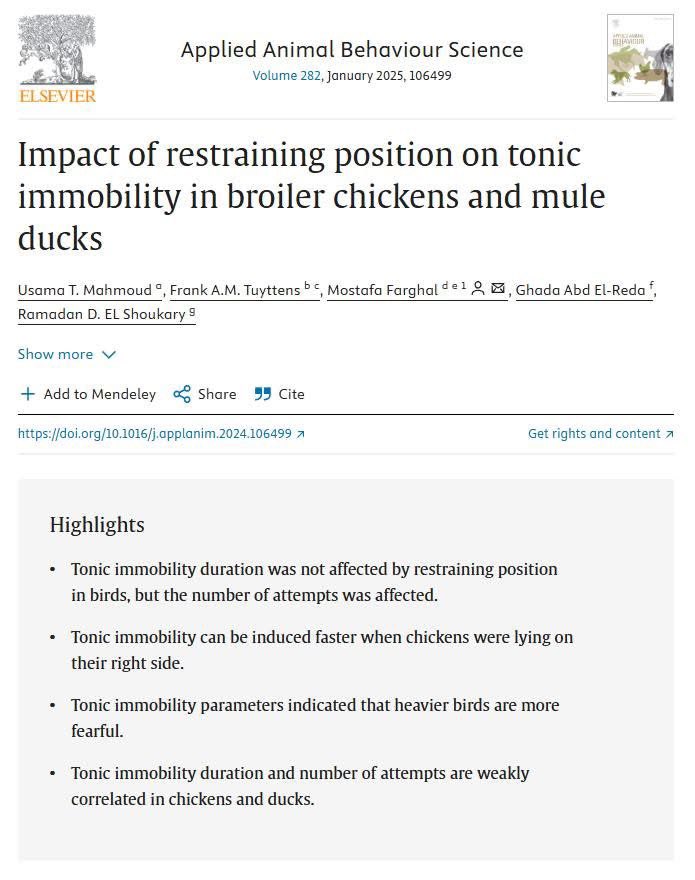 appliedethology's tweet photo. #NewResearchAlert
"Impact of restraining position on tonic immobility in broiler chickens and mule ducks" by Mahmoud et al. Get the full paper here (NB share link open till 23rd Feb)
#broilerbehaviour #duckbehaviour #retraining
https://t.co/Vmr7JypwEf https://t.co/Td2U8murJS
