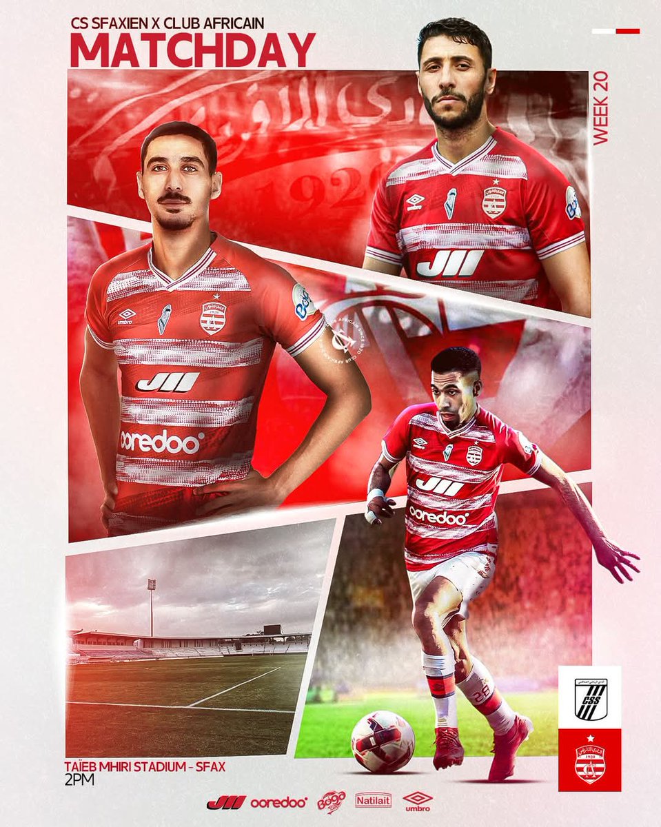 clubafricain's tweet photo. #كرة_القدم يوم المباراة  | 𝗠𝗮𝘁𝗰𝗵𝗱𝗮𝘆 | الجولة 20 (5 إياب) 
▪️🕑 - 14:00 ▪️ملعب الطيب المهيري بصفاقس #CSSCA 
النادي الرياضي الصفاقسي 🆚 #النادي_الإفريقي 🔴⚪ 
#الإفريقي_تعيش  🇦🇹 #ForzaCA https://t.co/SMgrsMfovW