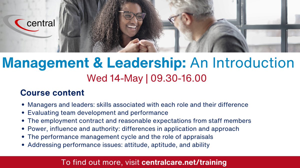 CentralCare's tweet image. @CentralCare’s Management & Leadership course is designed to give delegates the opportunity to reflect on their management styles and practise their skills on how to effectively manage. Book your space today!
#virtuallearning #training #opencourse
centralcare.net/training/open-…