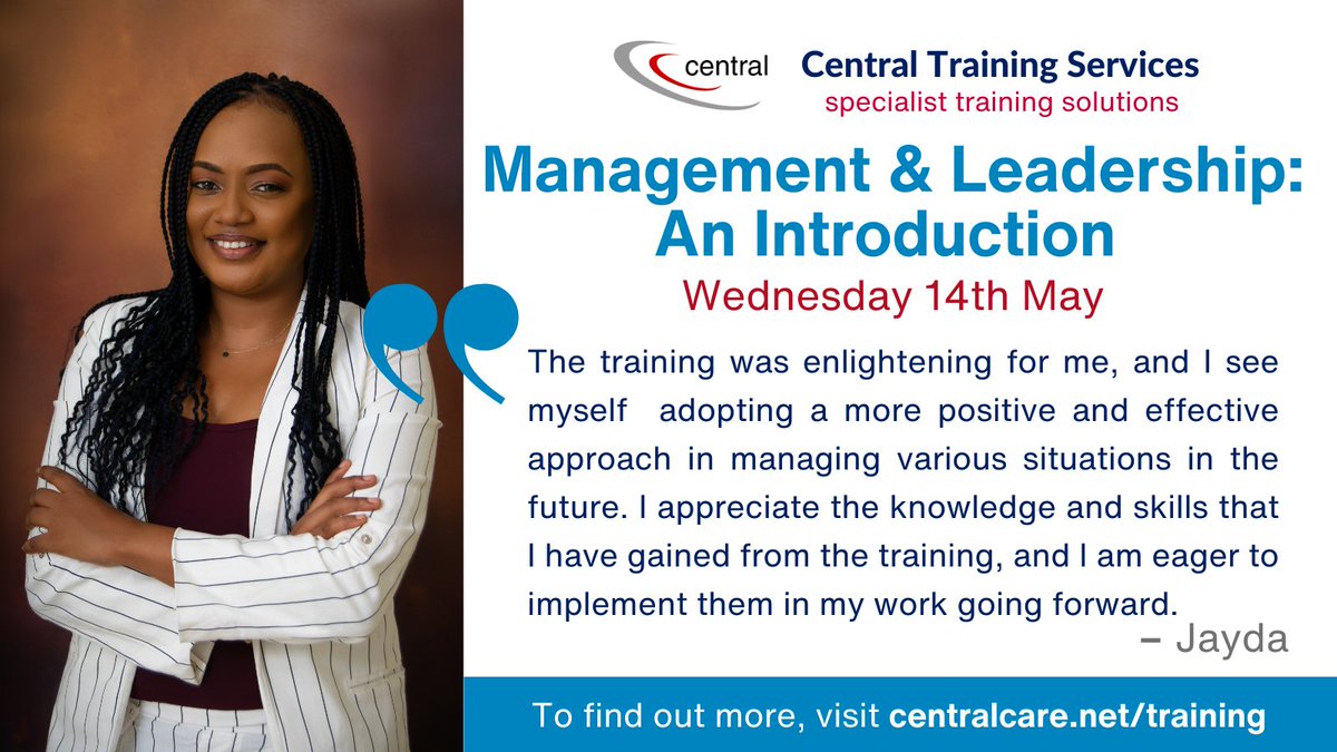 CentralCare's tweet image. @CentralCare’s Management & Leadership training (14/05) has had great feedback from candidates who have attended the training in the past. Book your space now! #OpenCourse #VirtualTraining #SocialCare
centralcare.net/training/open-…