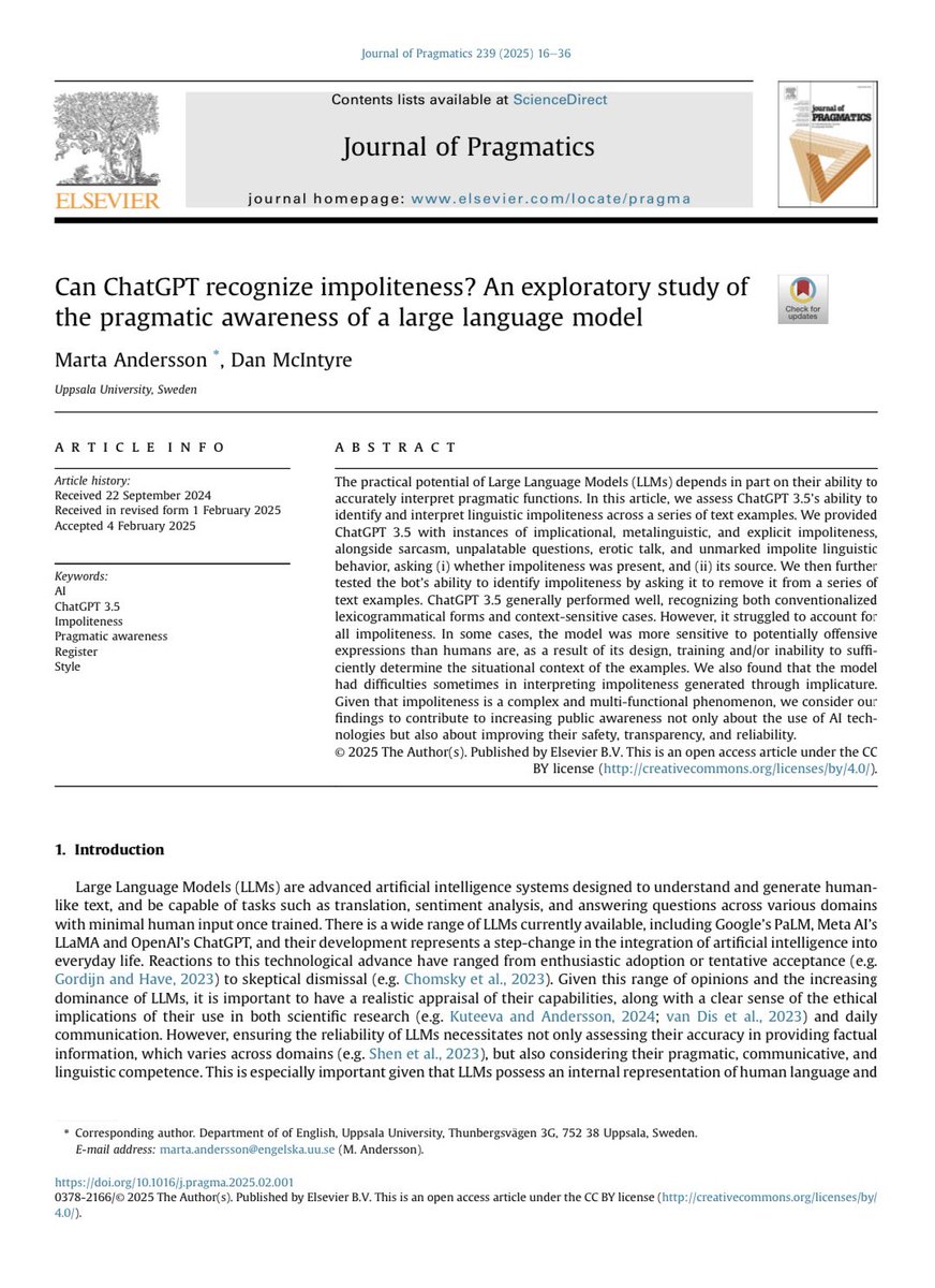New article by me and my Uppsala colleague Marta Andersson (sensibly not on this platform): Can ChatGPT recognize impoliteness? 
authors.elsevier.com/sd/article/S03…