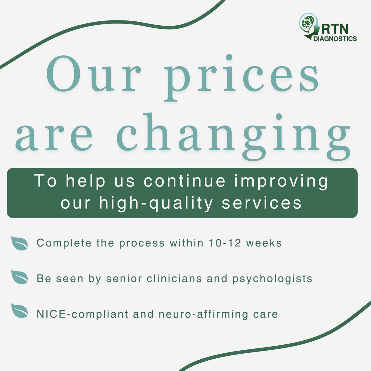 rtndiagnostics's tweet photo. 📣Important announcement 📣

From Monday 24th March we will be putting new prices into place across all of our private #ADHD and #ASD assessments. https://t.co/or61RMICZ7