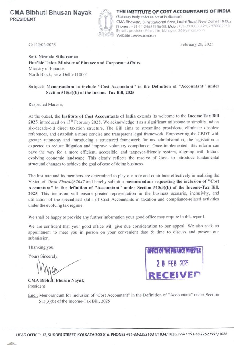 AICMAA's tweet image. 🚨 ICMAI Urges Inclusion of Cost Accountants in Income-Tax Bill 2025! 🚨

The Institute of Cost Accountants of India (@ICMAICMA) has submitted a memorandum to Hon’ble Finance Minister Smt. Nirmala Sitharaman (@nsitharaman), requesting the inclusion of Cost Accountants in the…