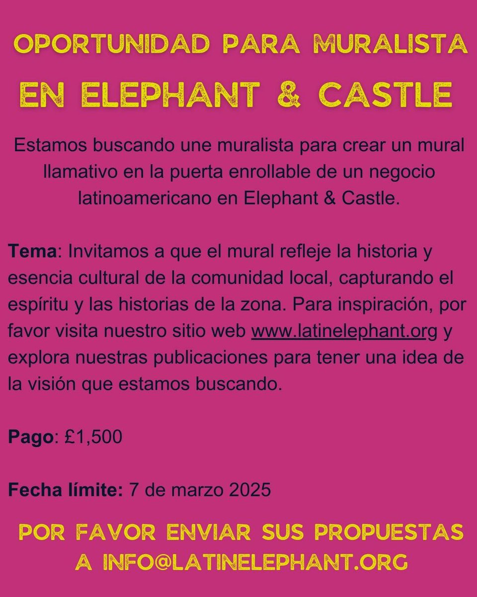 Latin Elephant (@latinelephant) on Twitter photo Muralist Call-Out! ¡Convocatoria para Muralista! 🎨
⭐Send your design proposals to info@latinelephant.org using the word *Mural* as subject
⭐Enviar sus propuestas de diseño a info@latinelephant.org usando la palabra *Mural* como asunto
Esperamos recibir sus mensajes! 🐘 Muralist Call-Out! ¡Convocatoria para Muralista! 🎨
⭐Send your design proposals to info@latinelephant.org using the word *Mural* as subject
⭐Enviar sus propuestas de diseño a info@latinelephant.org usando la palabra *Mural* como asunto
Esperamos recibir sus mensajes! 🐘