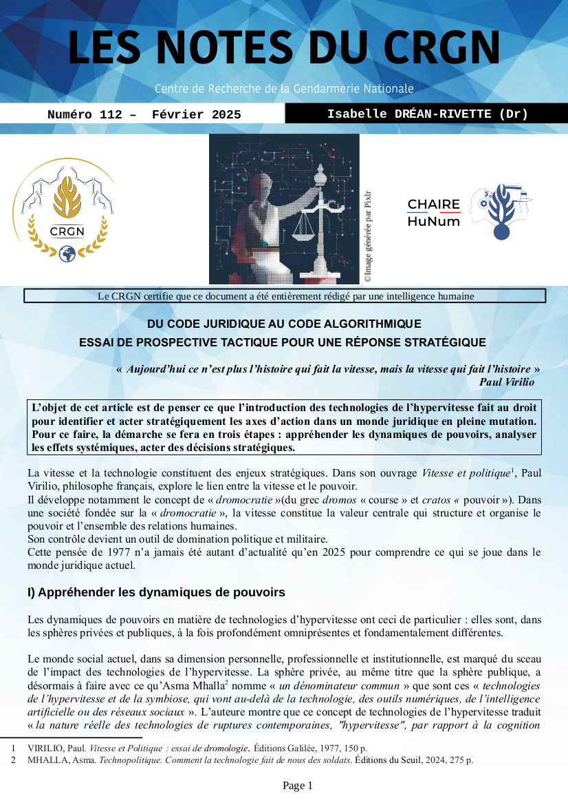 CRGN_GN's tweet photo. 📘👮 Nouvelle Note du @CRGN_GN : « Du code juridique au code algorithmique. Essai de prospective tactique pour une réponse stratégique » ⚖️
✒️ Par Isabelle Dréan-Rivette (Chaire #HuNum)
👀 Une Note à lire sur 👉https://t.co/uk2axU8RMo https://t.co/Bkg6kwXJZ8
