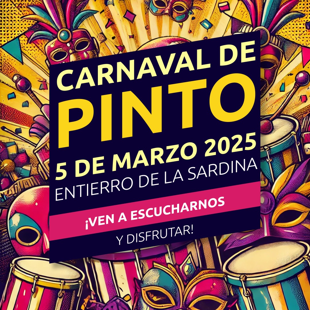 🔥🎭 ¡La fiesta no ha terminado! 🎭🔥

Este 5 de marzo a las 18:30, pondremos ritmo y energía al Entierro de la Sardina de Pinto. 🥁

📍 Lugar: Salida desde la Rotonda de entrada del Parque Egido de la Fuente y Final del Recorrido en la Plaza de la Constitución.
⏰ Hora: 18:30