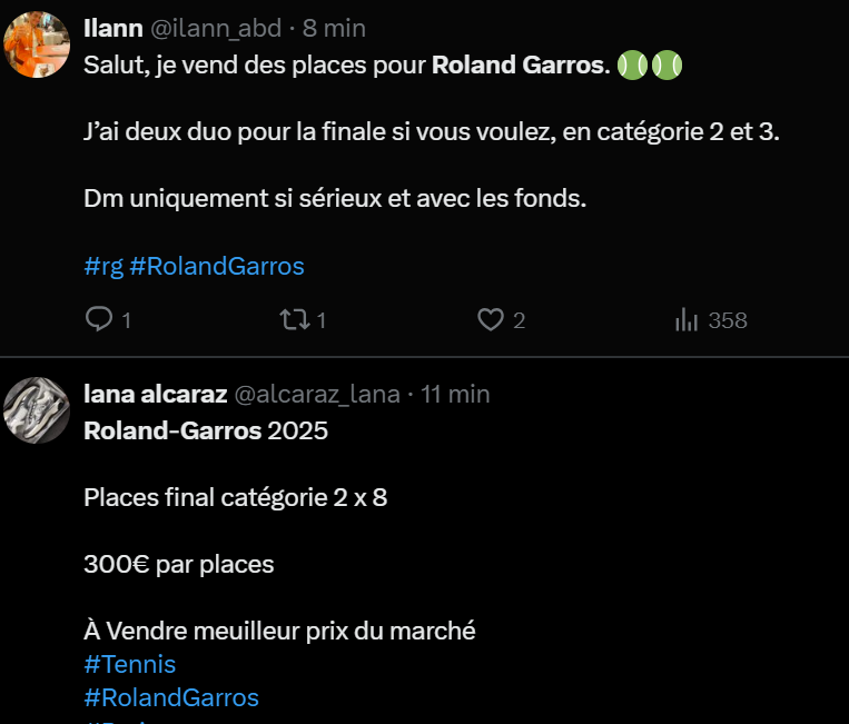 Je suppose que #RolandGarros ne trouve rien à redire aux nombreuses annonces proposant des billets (à prix d'or), dans les minutes suivant l'ouverture de la vente, pendant que les passionnés trépignent dans la file d'attente...