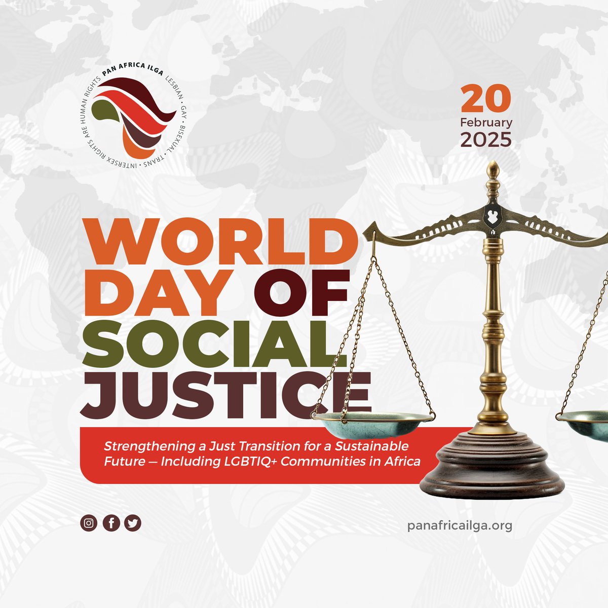 PanAfricaILGA's tweet image. ⚖️ 🏳️‍🌈 This year’s World Day of Social Justice is commemorated under the theme ‘Strengthening a Just Transition for a Sustainable Future’. For us, it is important to emphasise that a just transition must be INCLUSIVE and EQUITABLE! Too often, queer Africans are excluded from…