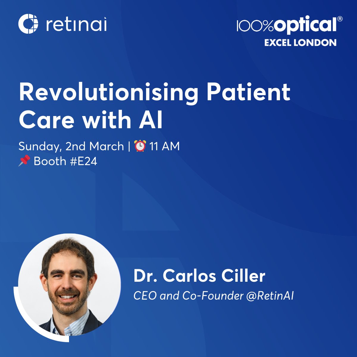 Retinai (@retin_ai) on Twitter photo Excited to share live sessions at <a href="/100Optical/">100% Optical</a>!
๐ก Revolutionizing Patient Care with AI ๐ Dr. Carlos Ciller
๐ก Leveraging AI to Enhance Optometry Workflows ๐ Dr. Trusit Dave
๐ retinai.com/events/100-optโฆ
๐ Visit Booth #E24 for live demos of RetinAI Discoveryยฎ! Excited to share live sessions at <a href="/100Optical/">100% Optical</a>!
๐ก Revolutionizing Patient Care with AI ๐ Dr. Carlos Ciller
๐ก Leveraging AI to Enhance Optometry Workflows ๐ Dr. Trusit Dave
๐ retinai.com/events/100-optโฆ
๐ Visit Booth #E24 for live demos of RetinAI Discoveryยฎ!