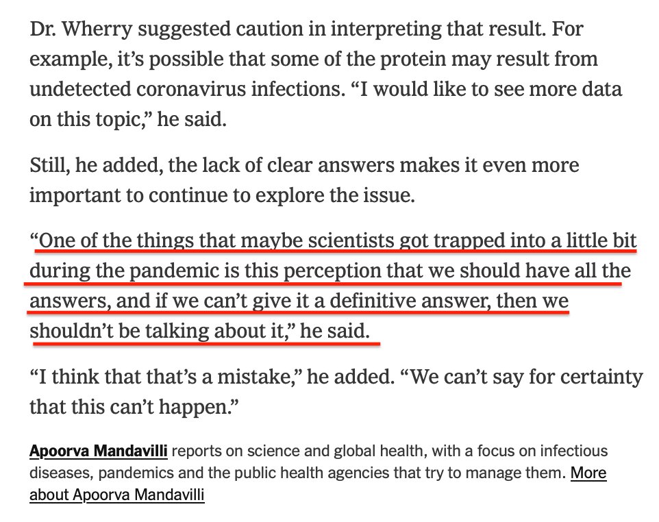 Penn's John Wherry tells Apoorva Mandavilli researchers were afraid to speak during COVID, fearing they didn't have definitive answers.

Did this happen?

Or did researchers not have definitive answers but still told patients get vaccinated, wear a mask, and lockdown? Hmmm...
