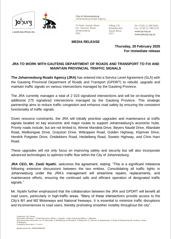 MyJRA's tweet photo. #JoburgServices The Johannesburg Roads Agency (JRA) has entered into a Service Level Agreement (SLA) with the Gauteng Provincial Department of Roads and Transport (GPDRT) to rebuild, upgrade and maintain traffic signals on various intersections managed by the Gauteng Province. https://t.co/nfbZ8kpcii