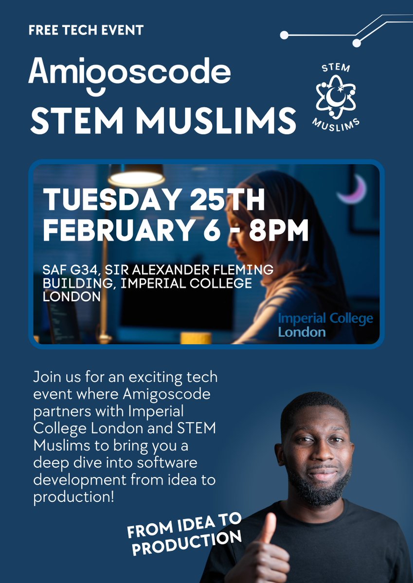 Hey Amigos,

🚀 Want to take your coding skills to the next level?

Join Amigoscode in collaboration with STEM Muslims Imperial College London at Imperial College London for an exciting workshop, designed to take you from idea to production.

What’s in Store?
🔹 Build &amp; Deploy an