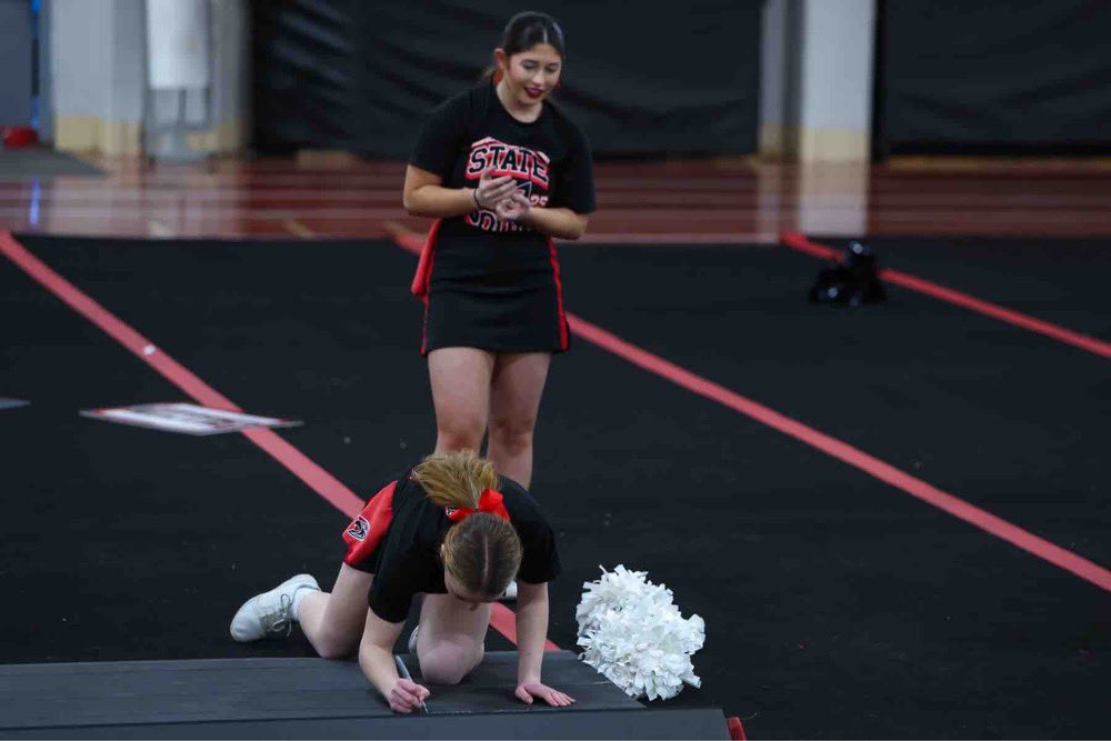 Congratulations to our two competition cheer seniors who signed off on the mats after their final high school cheerleading practice! NEXT UP: STATES! ♥️ #FalconCheerleading #IAGDTBAF