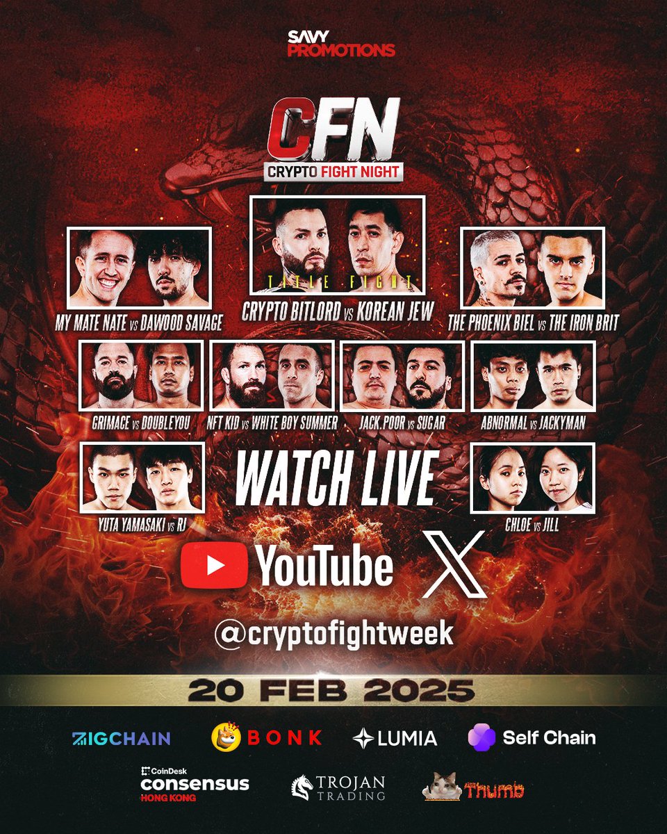 CryptoFightWeek's tweet image. 🎟 TICKETS ARE NOW SOLD OUT 🎟

THE ONLY PLACE TO WATCH TONIGHT'S BATTLE OF THE BEASTS IS LIVE ON OUR X AND YOUTUBE! 🥊

[ #CFNHongKong | Feb 20th | Consensus ]