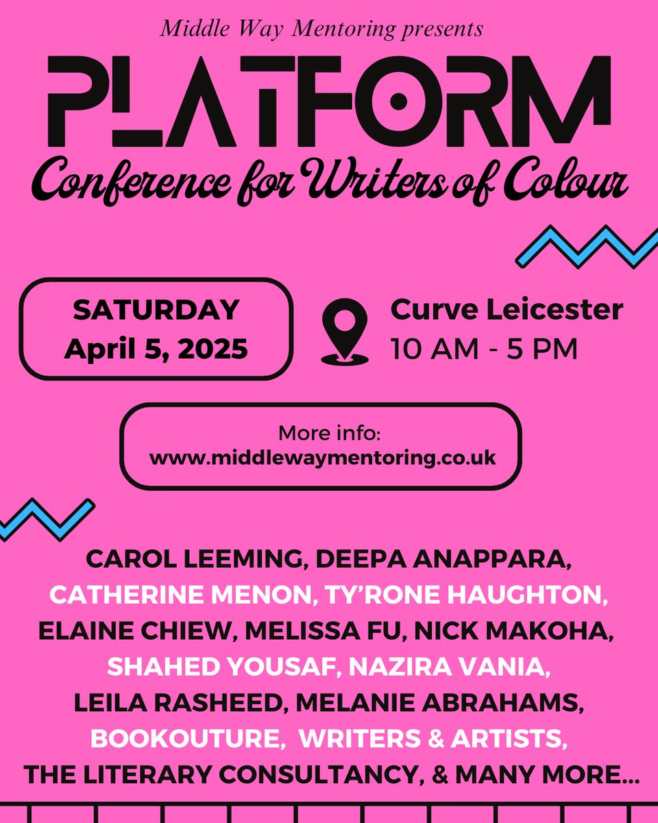 I'm thrilled to announce the next Platform Conference for Writers of Colour takes place <a href="/CurveLeicester/">Curve</a> on Saturday 5th April. It's a jam-packed programme with lots of incredible writers and the #MiddleWayMentoring partners and mentees. 

Book today: middlewaymentoring.co.uk/platform-confe…
