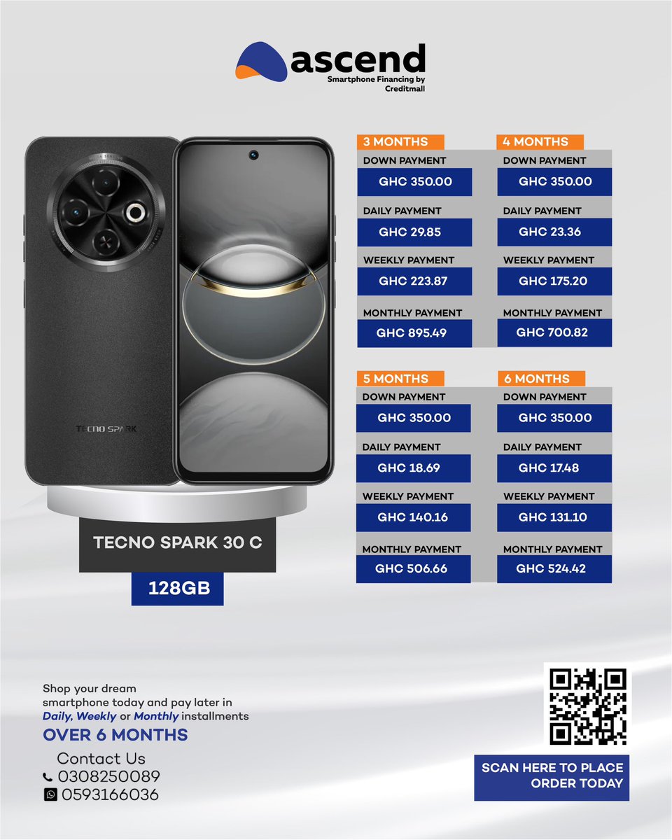 ascendghana's tweet image. Time to upgrade? Get your hands on the Tecno Spark 30C with Ascend Ghana today and enjoy easy, flexible payment options. Don’t wait—get yours now and experience endless possibilities! 📱💥 

Contact Ascend today 0548586187 | 0548474687 | 0548671779.

#AscendGhana #TecnoSpark30C