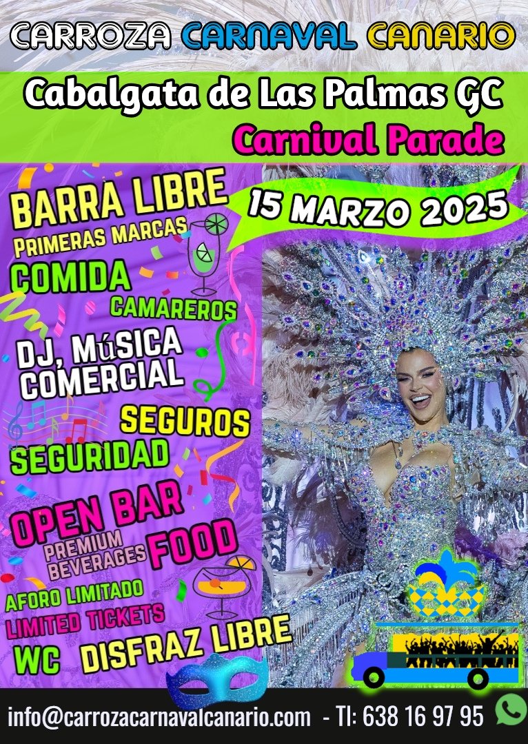 CarrozaCanaria's tweet photo. ÚLTIMAS ENTRADAS PARA LA #CABALGATA DEL Carnaval de #LasPalmas de #GranCanaria!!
¡Vive esta experiencia única de disfrutar de la fiesta y del carnaval en #CARROZA!!!!! Contáctanos por ☎️ al 638169795 🥳🥳🥳 https://t.co/iA0z06ZGwk