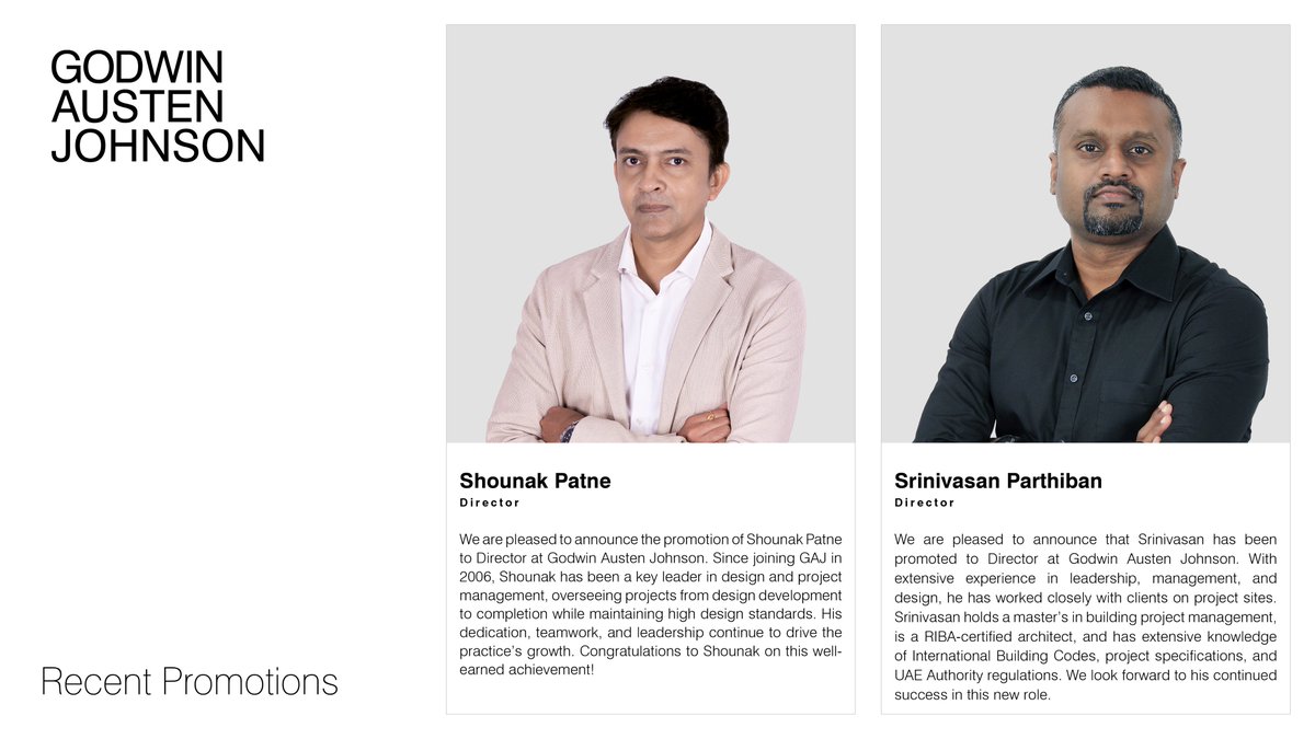 Congratulations to Shounak Patne and Srinivasan Parthiban RIBA on their well-earned promotion to Director at Godwin Austen Johnson! Wishing them both the very best on this exciting journey!
#godwinaustenjohnson #godwinaustenjohnsonarchitects