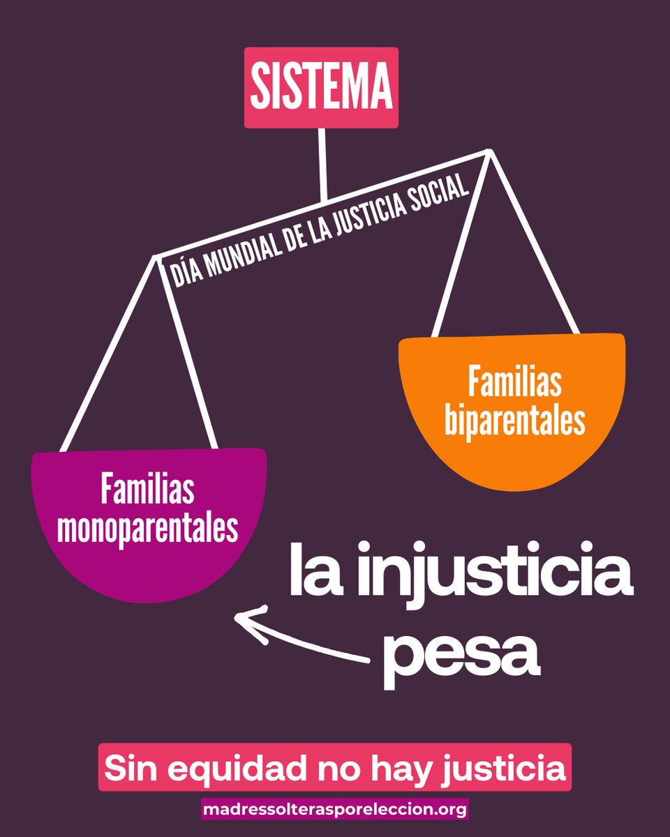#JusticiaSocial
La Justicia Social se basa en la defensa de la igualdad de oportunidades, lucha contra la discriminación y defensa de los derechos de todas las personas.

⛔ Desgraciadamente, muchos de esos derechos se niegan a las familias monoparentales.

‼️ No olvidemos que NO