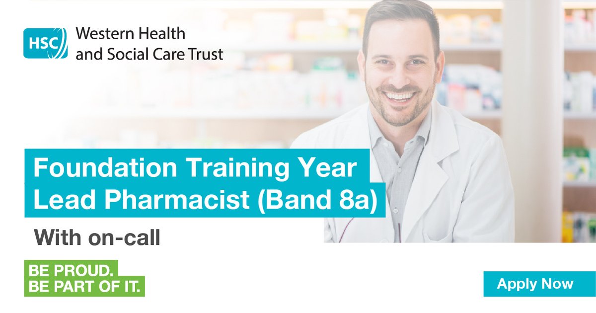HSCworkforce (@hscworkforce) on Twitter photo The <a href="/WesternHSCTrust/">Western Trust</a> are seeking Foundation Training Year Lead Pharmacists (Band 8a) with on-call to be based at Altnagelvin Area Hospital, Londonderry or South West Acute Hospital, Enniskillen on a permanent, part-time basis.
Apply online: hubs.ly/Q037v8Tr0
#hscjobs The <a href="/WesternHSCTrust/">Western Trust</a> are seeking Foundation Training Year Lead Pharmacists (Band 8a) with on-call to be based at Altnagelvin Area Hospital, Londonderry or South West Acute Hospital, Enniskillen on a permanent, part-time basis.
Apply online: hubs.ly/Q037v8Tr0
#hscjobs