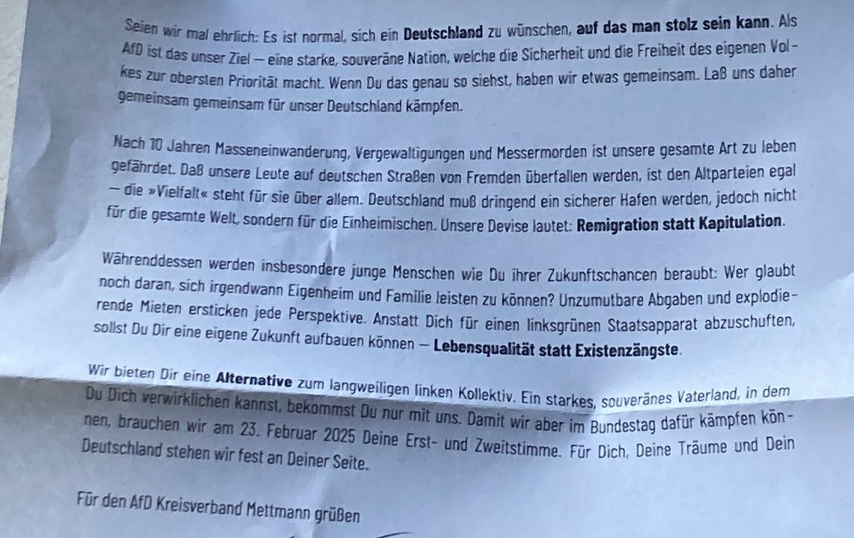 Die #AFD #Mettmann verschickt ekelhafte Briefe inklusive Rechtschreibfehlern an Erstwähler/ innen 

💩🫣
#Deutsch und #Geschichte „6 setzen“
#Noafd #Niewiederistjetzt 
#BTW2025