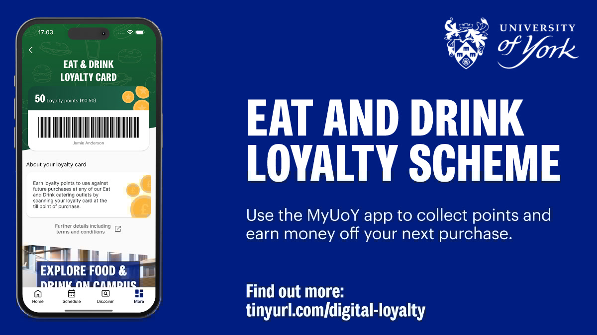 Collect loyalty points at our Eat and Drink venues with the MyUoY app!🤳

Scan the barcode to collect points every time you make a purchase in one of our Eat and Drink venues. Collect enough points and you’ll enjoy money off your next purchase.

More info: tinyurl.com/digital-loyalty