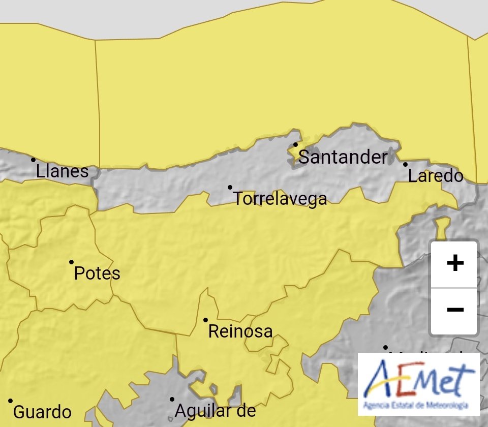 El interior de #Catabria estará mañana en aviso AMARILLO por VIENTO. Las rachas del sur podrán alcanzar los 80 km/h en #Liébana y la Cantabria del Ebro, y los 90 km/h en el centro y el valle de Villaverde

El litoral estará en aviso amarillo por COSTEROS, por olas de hasta 4m.