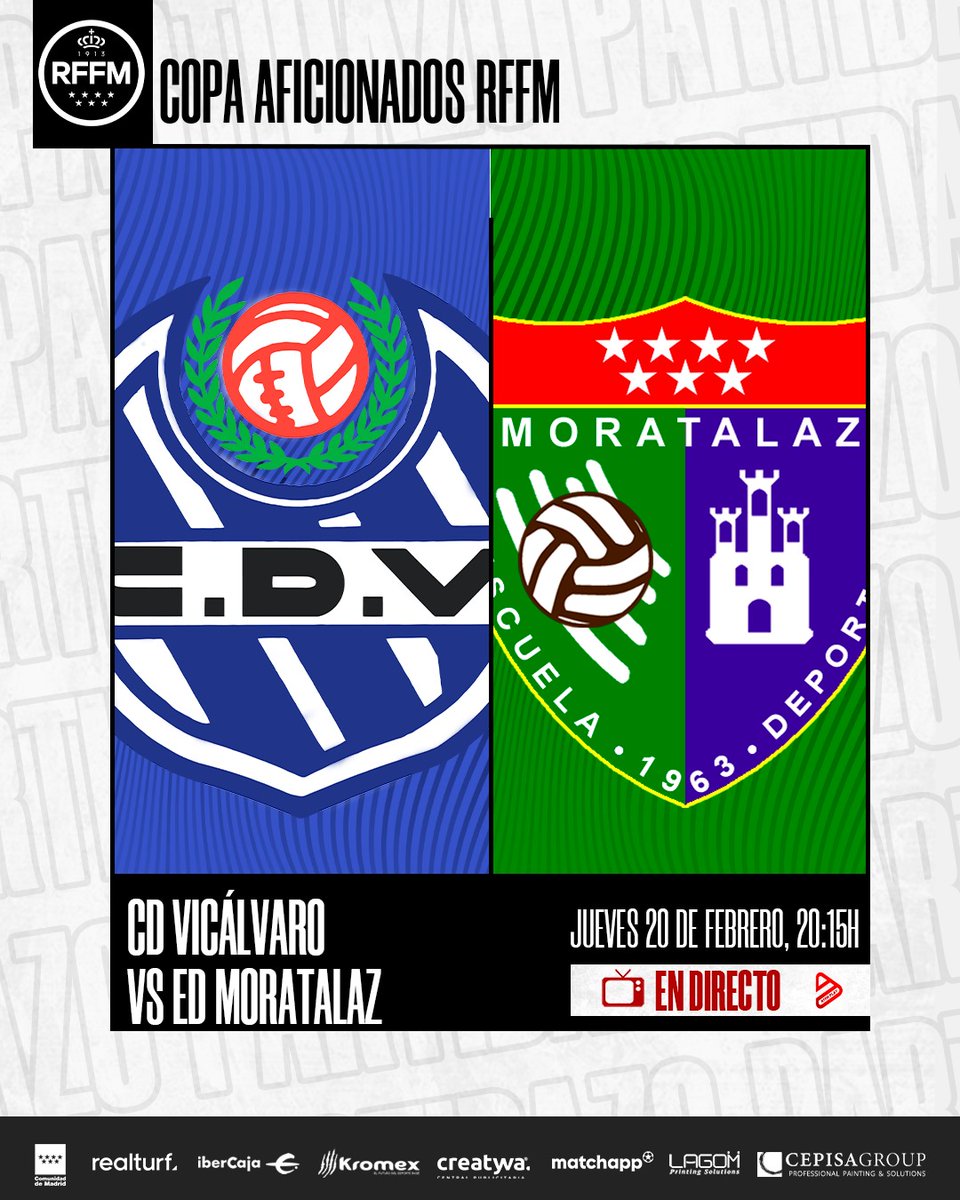🏆 COPA AFICIONADOS RFFM 

Hoy a las 20:15h se juega el partido de Cuartos de Final entre <a href="/CDVicalvaro/">C.D. Vicálvaro ⚽️</a> y <a href="/edmoratalaz/">ED Moratalaz</a>.

Puedes verlo EN DIRECTO en 📺 RFFM PLAY 👇🏻 

🔗 youtube.com/@rffmplay?si=t…