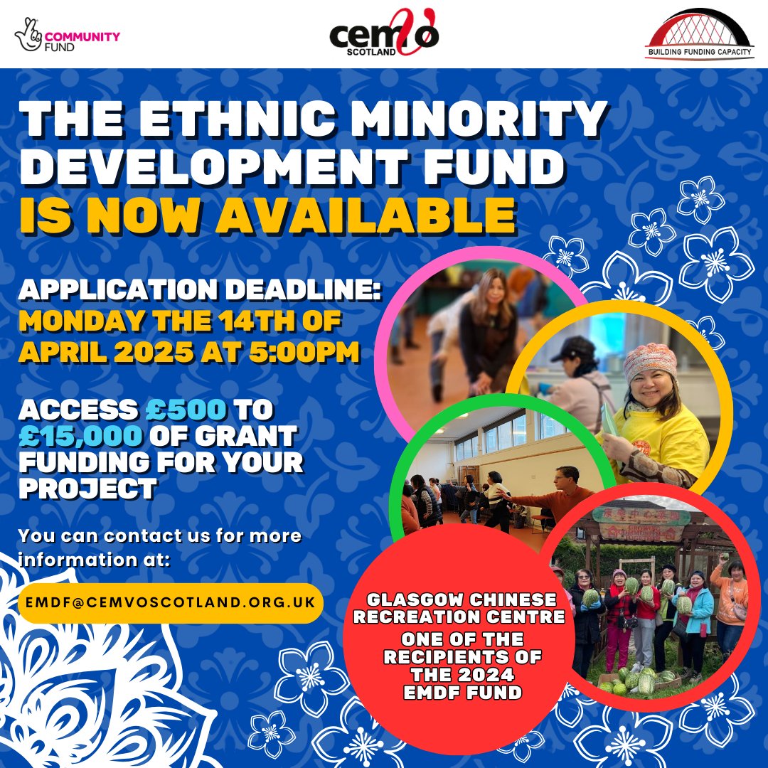 The ethnic minority development fund is now available. Applications close at 5 pm on 14th April 2025. The application form is on our website:
cemvoscotland.org.uk/emdf/

#Ethnicminorities #CommunitySupport #DiversityAndInclusion #CharityFunding  #Ethnicminoritygrants #Scotland #EMDF
