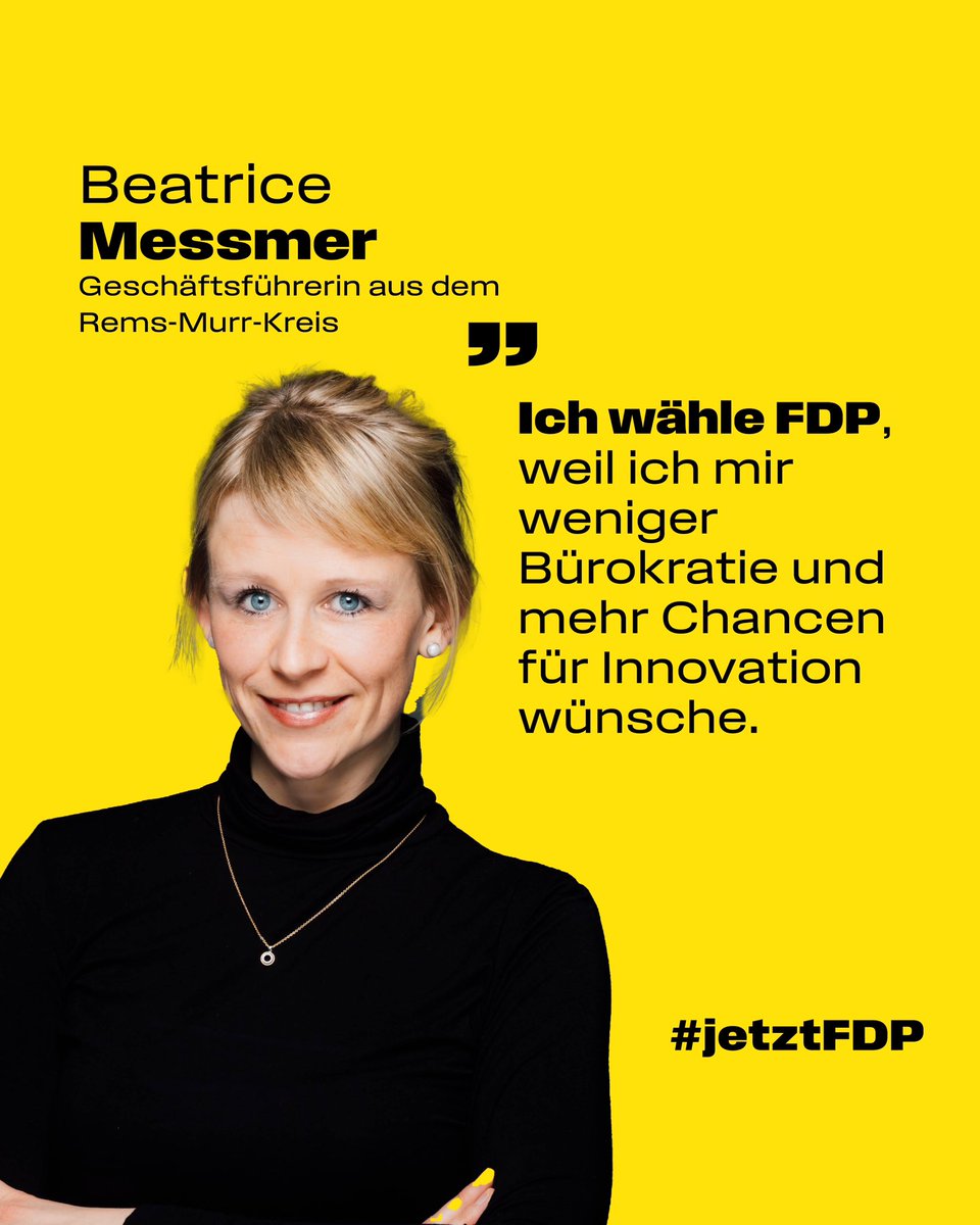 Beatrice Messmer wählt <a href="/fdp/">FDP</a>: Für weniger Bürokratie und mehr Raum für Innovation.​ #jetztFDP