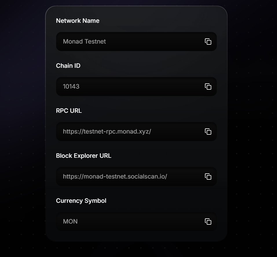 MONAD 测试网设置： Network Name: Monad Testnet Chain ID: 10143 RPC URL:  https://t.co/tYrb5e5boh Block Explorer URL: https://t.co/hA0kgb5FAK  Currency Symbol: MON 目前项目方已经给主网活跃的钱包空投了MON测试币，撸毛侠们刷起来吧。