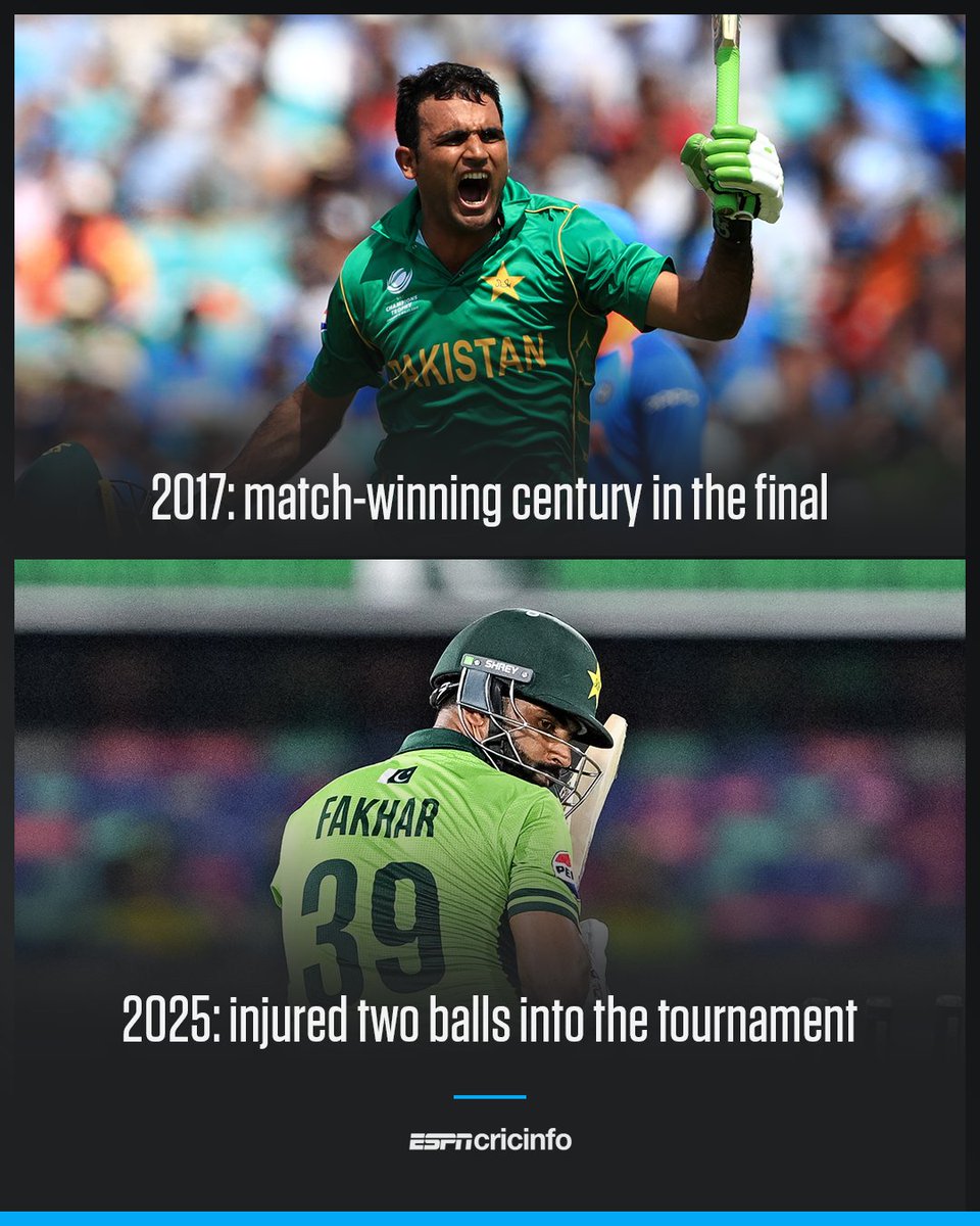 cricinfo's tweet photo. From ecstasy to agony for Fakhar Zaman at the Champions Trophy 😔 https://t.co/cTk88nl1O3