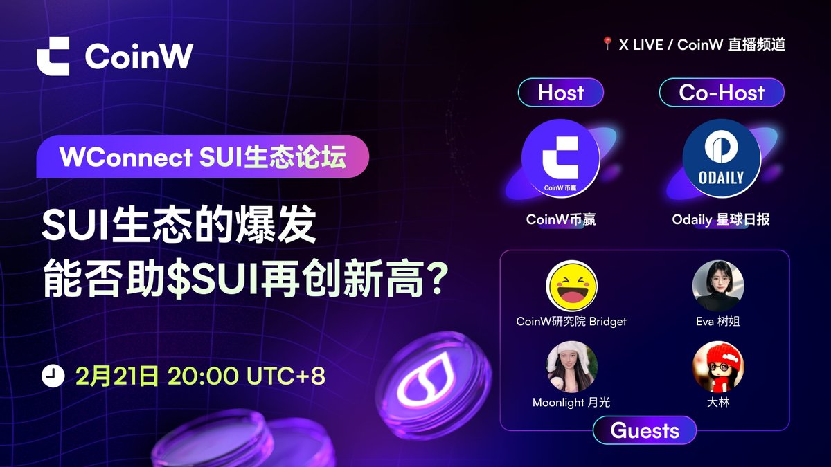 CoinWZH's tweet image. 【#WConnect SUI生态论坛】

🎙️直播主题：#SUI 生态的爆发能否助 $SUI 再创新高？

💰20 USDT * 5人
✅关注 @CoinWZH +转发
✅评论区留 #CoinW UID
🔔预约直播：coinw.com/front/live/vid…
 
⭐️主持人：
@OdailyChina
⭐️嘉宾：
CoinW研究院 Bridget
@Moon1ightSt 
@dalin998
@EvaCmore

⏰明晚 20:00…