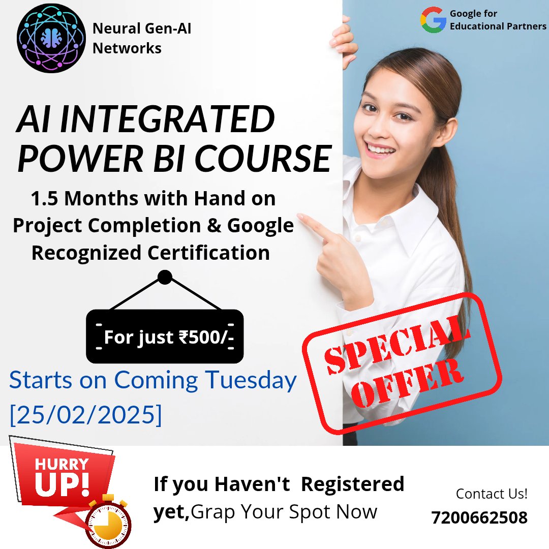 neural_genai's tweet image. 📌 Register Your Interest Now: forms.gle/eqTYG6yBJNy6TQ…
🚀 *AI-Integrated Power BI Course - Starts Tuesday! Just ₹500!* 

⏳ *Time is running out! If you haven’t registered yet, this is your last chance to grab your spot!*