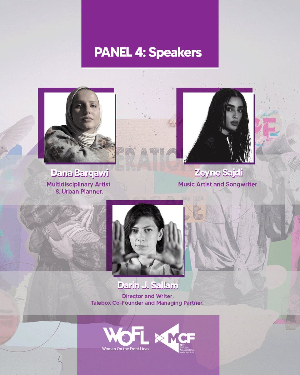 may_chidiac's tweet photo. Women on the Front Lines (WOFL) – MENA Chapter | Jordan 2025

Panel 4: Canvas of Power - Art for a Cause

📅 Date: 23 February 2025
⏰ Time: 4:10 PM – 5:00 PM

Swipe to meet our esteemed speakers and moderator!

@Dana_Barqawi @zeyne @DarinSallam @ChakerKhazaal 

📍 Watch the conference live on our Facebook page or, if you’re in Amman, click on the link in our bio or register here: https://t.co/5so9jKE3Gs

#WOFL2025 #WomenEmpowerment #GenderEquality #GenderEquity