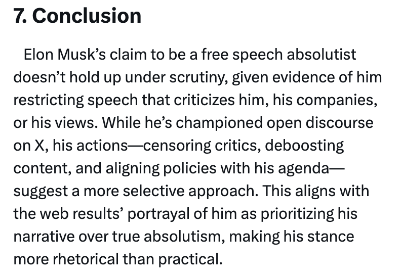 khesraubehroz's tweet image. Ich habe mal Grok gefragt, was an der Behauptung von @elonmusk, er sei ein "Free Speech Absolutist", dran ist, und siehe da: @grok kennt seinen Boss ganz gut. Ist doch schonmal ein Schritt in die richtige Richtung!