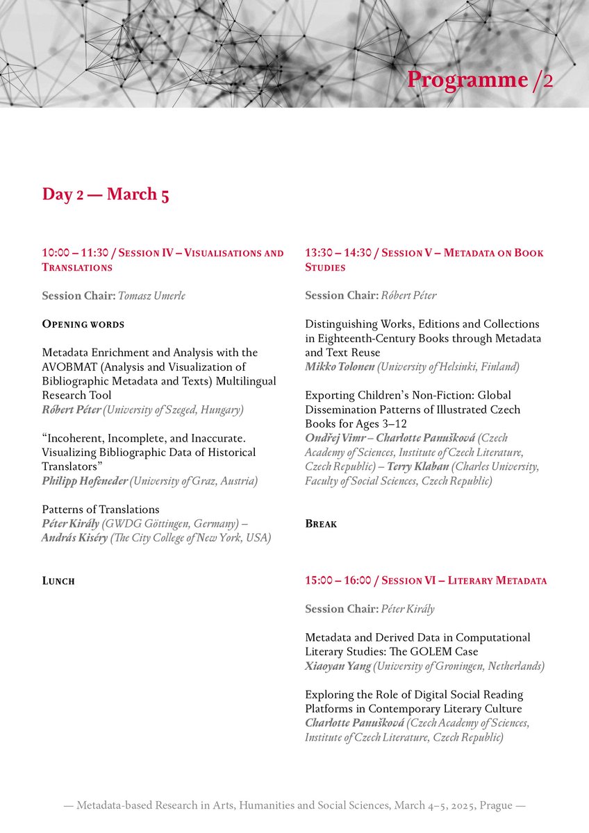 Czech Literary Bibliography (@czechlitbib) on Twitter photo <a href="/CzechLitBib/">Czech Literary Bibliography</a> and <a href="/bibliodataWG/">Bibliographical Data DARIAH-EU Working Group</a> with kind support of <a href="/DARIAHeu/">DARIAH-EU | @dariaheu.bsky.social</a> would like to invite you for the participation at
METADATA-BASED RESEARCH IN ARTS, HUMANITIES AND SOCIAL SCIENCES workshop
Date: 4-5 March 2025
Location: Prague or online via Zoom
👇More:
clb.ucl.cas.cz/en/aktuality/w… <a href="/CzechLitBib/">Czech Literary Bibliography</a> and <a href="/bibliodataWG/">Bibliographical Data DARIAH-EU Working Group</a> with kind support of <a href="/DARIAHeu/">DARIAH-EU | @dariaheu.bsky.social</a> would like to invite you for the participation at
METADATA-BASED RESEARCH IN ARTS, HUMANITIES AND SOCIAL SCIENCES workshop
Date: 4-5 March 2025
Location: Prague or online via Zoom
👇More:
clb.ucl.cas.cz/en/aktuality/w…