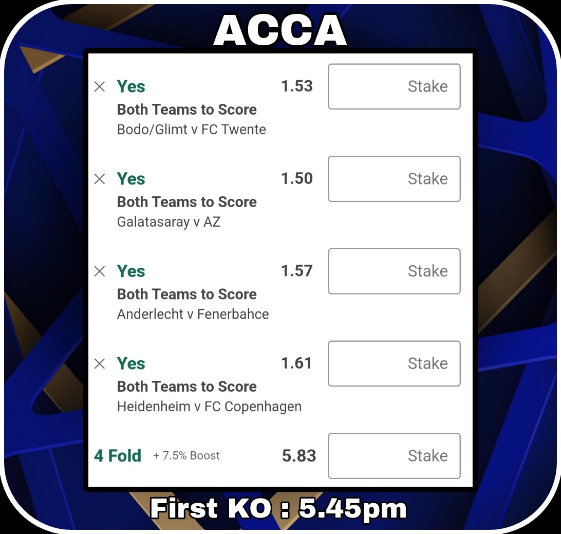 BTTS ACCA

@ 5.83

First KO : 5.45pm

#Tips #Bets #Betting #Football