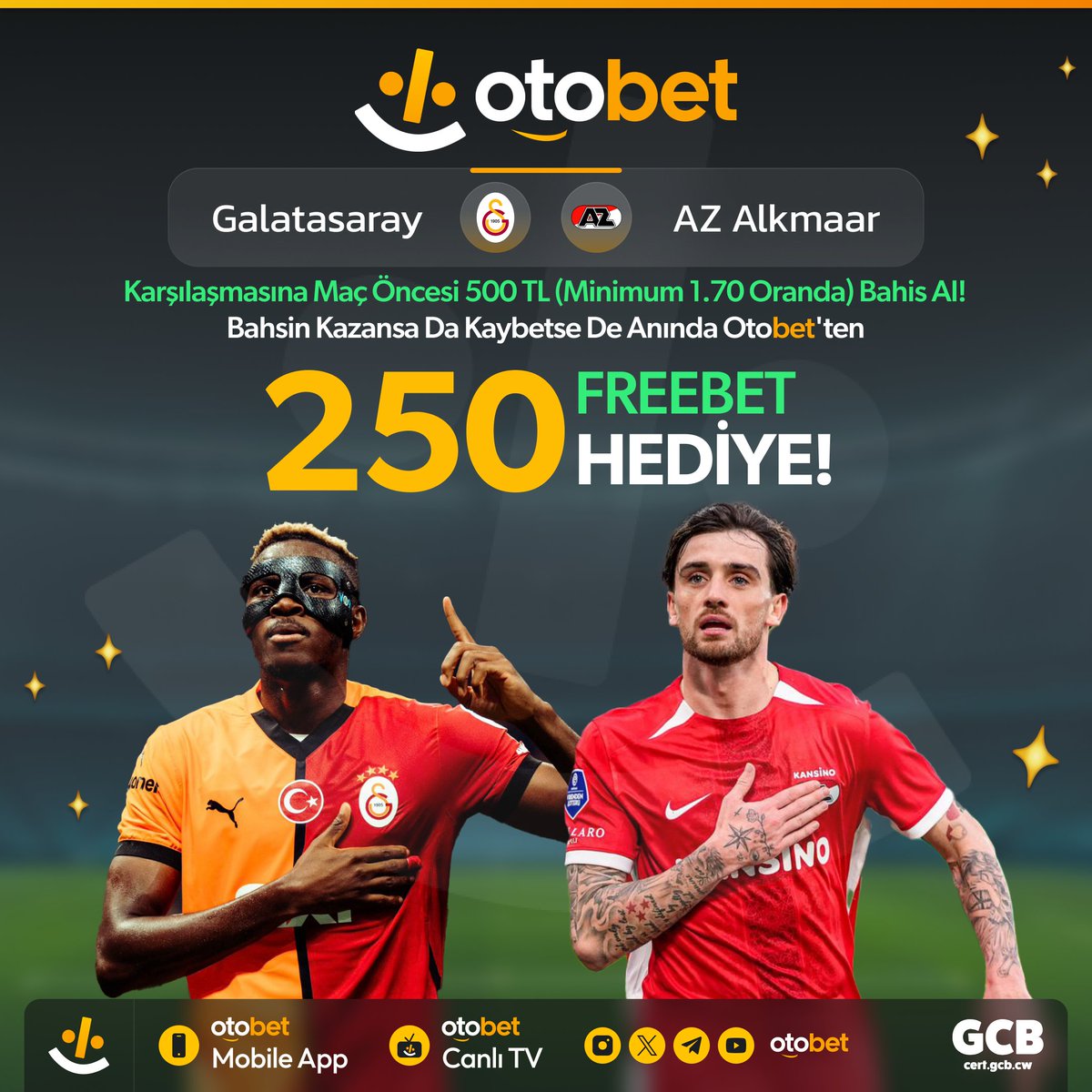- Galatasaray ⚔️ AZ Alkmaar -

⭐️ Karşılaşmasına maç öncesinde 500 TL ( Minimum 1.70 oranda ) bahis al!

⭐️ Bahsin kazansada kaybetsede Otobet'ten;

⭐️ 250 FREEBET HEDİYE

⭐️ Bonusu, ''250FREEBET'' Kodu ile Aktif Edebilirsiniz.

🍀 Kazancın Adresi;
⚡ cutt.ly/4eJCYpSE