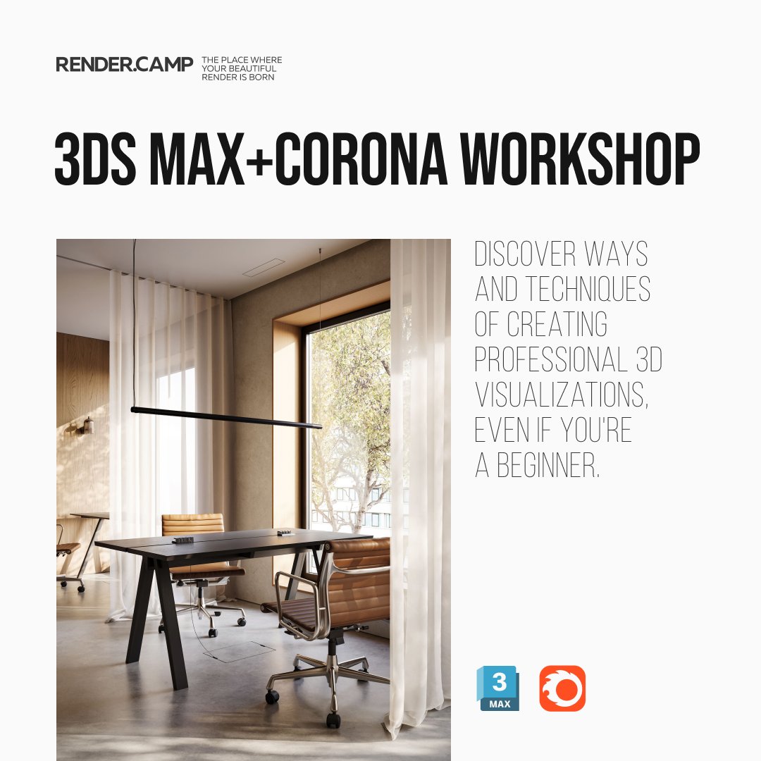 rendercamp2023's tweet photo. Today we'll create a visualization of this modern workspace filled with sunlight. We'll work with light and shadow composition to make this render look extremely realistic.

Start at 6:00 pm CET.

Follow this link and set a reminder about the beginning: https://t.co/yfyqY4gMoC https://t.co/Yg3PFMazma