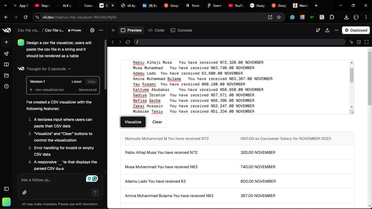 Joker4mas's tweet image. I leveled up my UI game with v0.dev! Built a CSV visualizer and dashboard from prompts &amp;amp; images - turning text into stunning interfaces. From data tables to dynamic dashboards, making development faster and sleeker. #GenerativeUI #v0dev #ALX_AiSK @julienbarbier42
