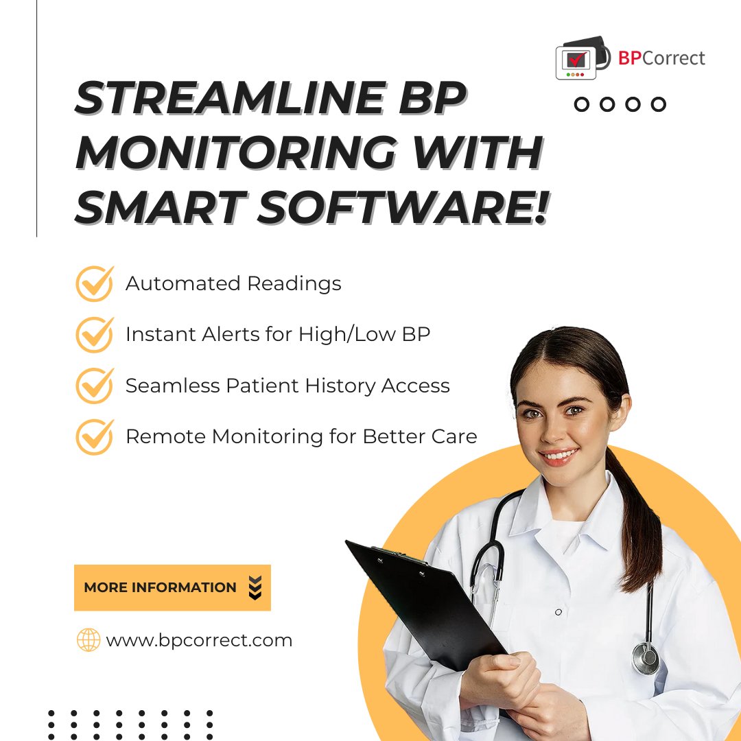 BpCorrect's tweet image. Revolutionize BP Monitoring with Smart Software! 🚀💙
🔹 Automated Readings
🔹 Instant Alerts
🔹 Seamless Patient History 
🔹 Remote Monitoring

Visit For More Information: bpcorrect.com
 #health #HeartHealth #HealthTech  #patientcare #BloodPressureSolution