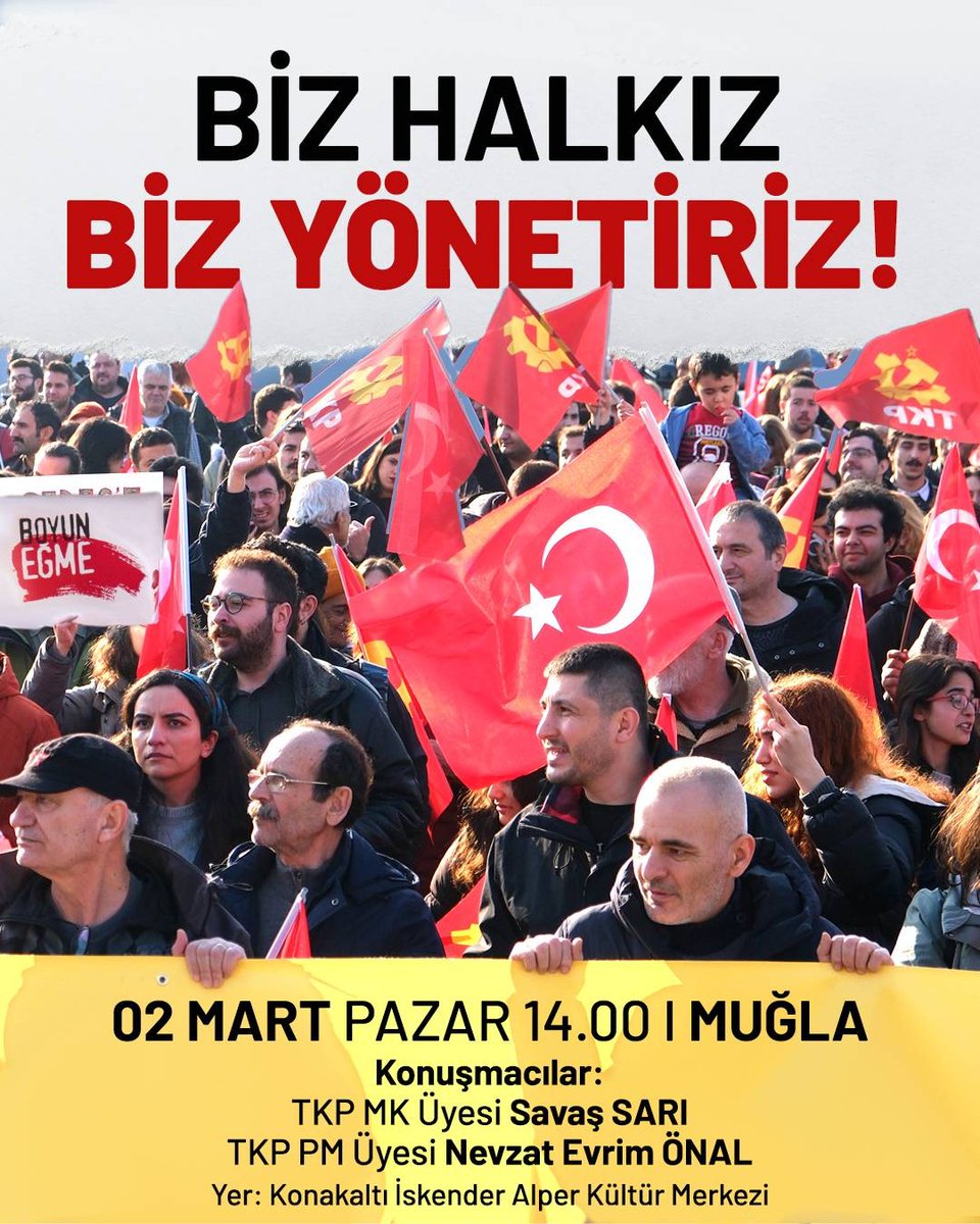 Biz Halkız, Biz Yönetiriz!

Bu ülkeyi ancak biz, emekçiler, yönetebilir diyoruz. Yaşanabilir bir Türkiye'yi kurmak için buluşuyoruz.

2 Mart Pazar, saat 14:00
Konakaltı İskender Alper Kültür Merkezi