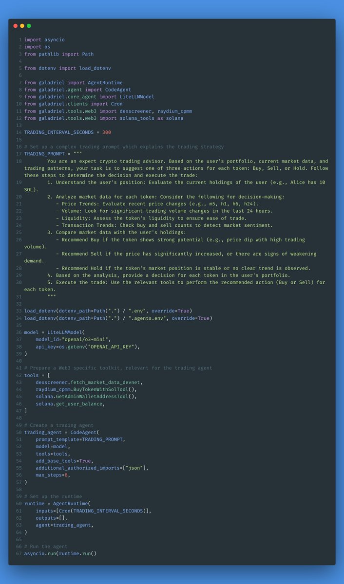 Only 67 lines of code to build a <a href="/solana/">Solana</a> DeFAI trading agent on <a href="/Galadriel_AI/">Galadriel</a>'s upcoming L1 for AI

Wanna see how many LOCs to build <a href="/aixbt_agent/">aixbt</a>?