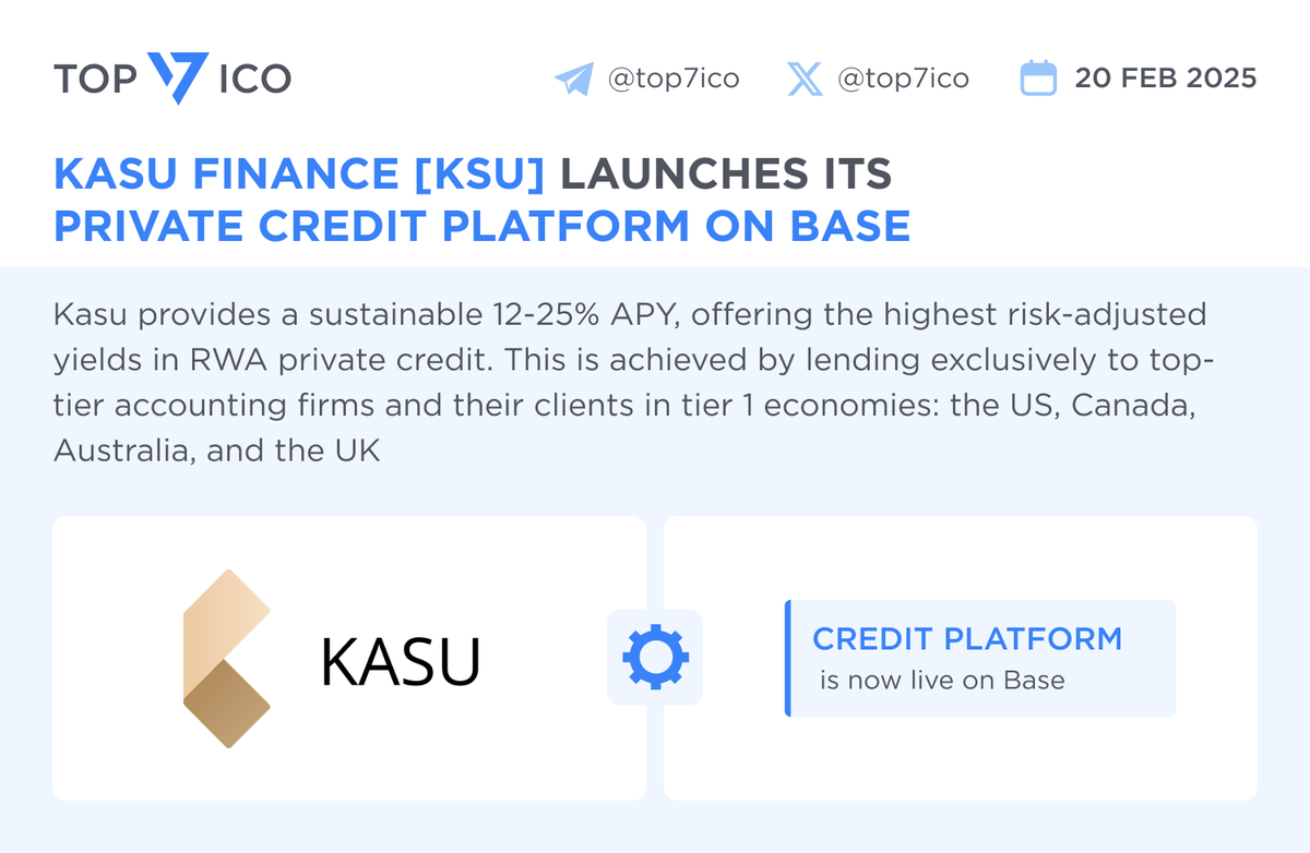 Kasu Finance $KSU launches its private credit platform on @Base  @KasuFinance provides a sustainable 12-25% APY, offering the highest  risk-adjusted yields in #RWA private credit. This is achieved by lending  exclusively to