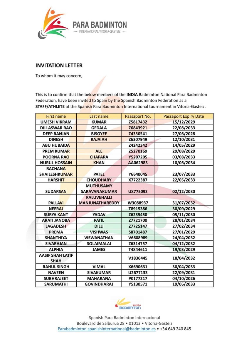 Ms. Sarumathi (Passport No. 5130571), an international para-badminton medalist, requires urgent visa assistance to attend the Spain PBadminton International (March 3–16, 2025), vital for her career. Her application wasn’t accepted at <a href="/ConEspMumbai/">Consulate General of Spain in Mumbai</a>
despite her efforts. Pl help